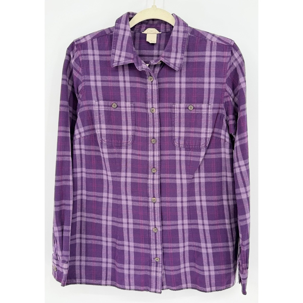 Duluth Trading Company Cotton Flannel Shirt Women's S Purple Plaid Cabincore